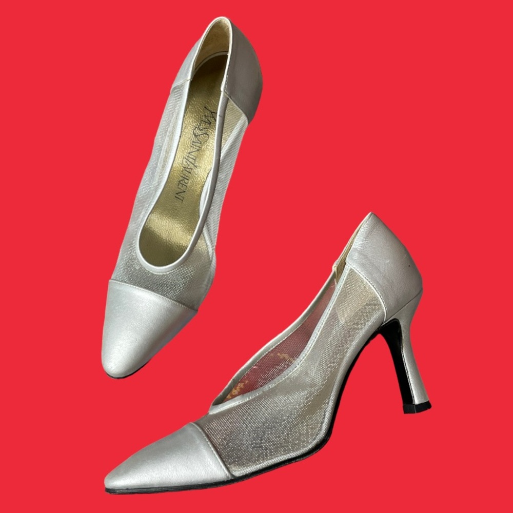Vintage YSL Yves Saint Laurent Cinderella silver mesh heels 5.5